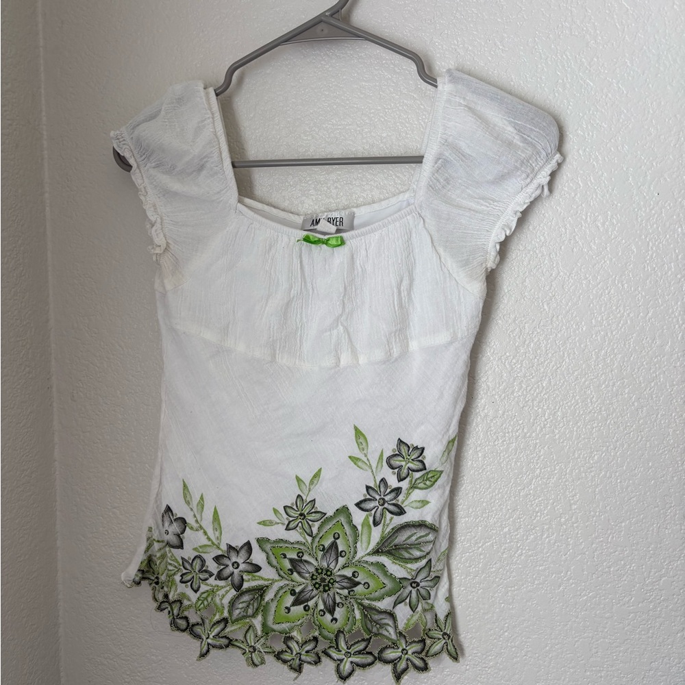 Amy Byer White and Green Floral Blouse